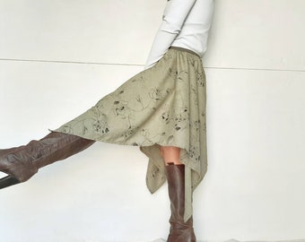 Women's Khaki linen skirt, printed skirt, floral skirt, asymmetric skirt, mini skirt, full skirt,cotton linen skirt, flared skirt,boho skirt