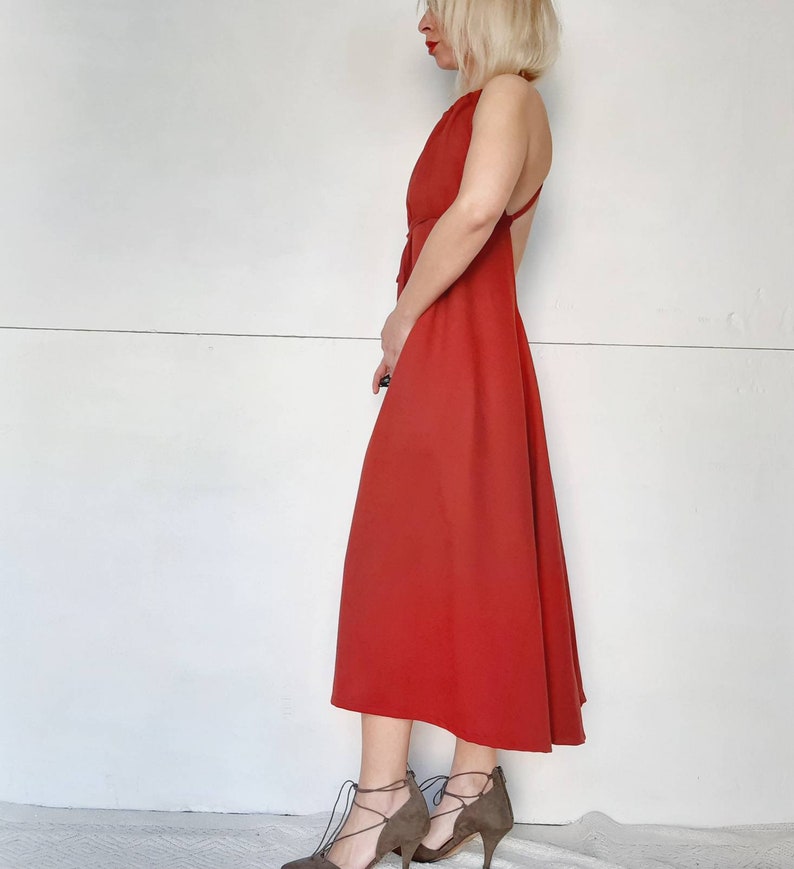 Women's Cupro dress,cross back dress,slip on dress,wine red dress,all day dress,party dress,backless dress,a line dress,grecian chic dress image 10