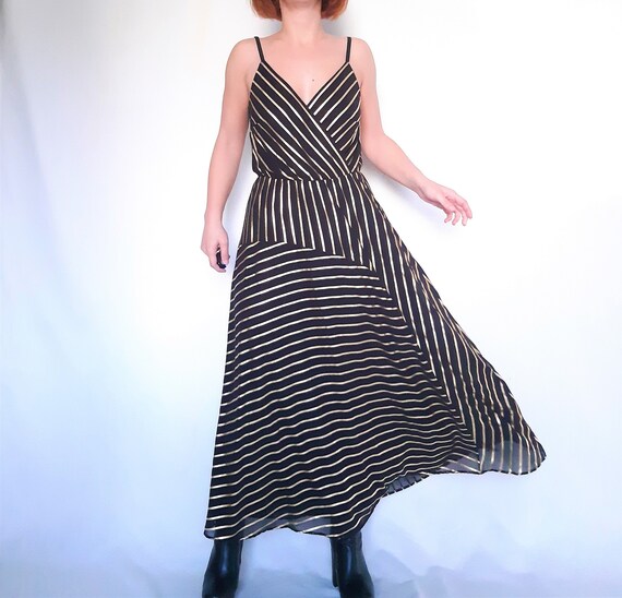 Black gold dress, midi dress, striped dress, vinta