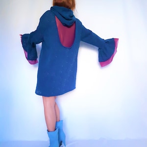 Blue sweater, statement sleeve sweater, sweater dress ,knit dress, bell sleeve dress, sheer back dress, oversized sweater, blue purple dress