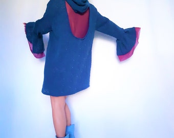 Blue sweater, statement sleeve sweater, sweater dress ,knit dress, bell sleeve dress, sheer back dress, oversized sweater, blue purple dress