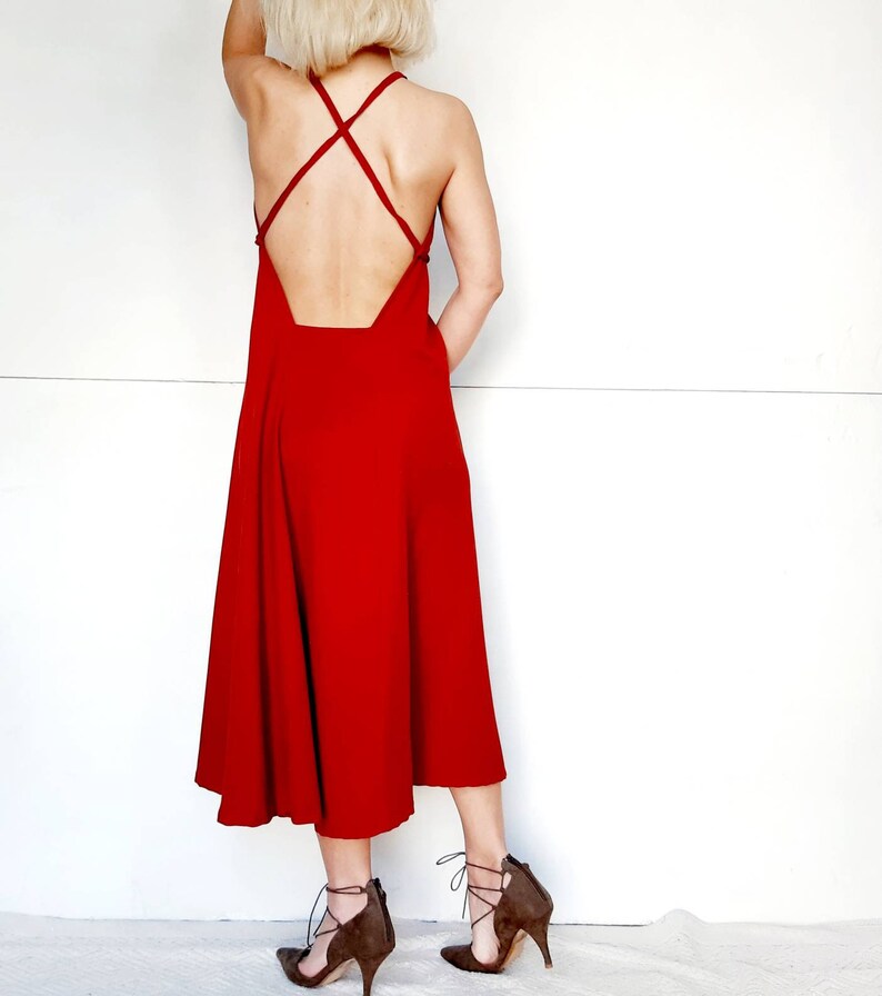 Women's Cupro dress,cross back dress,slip on dress,wine red dress,all day dress,party dress,backless dress,a line dress,grecian chic dress image 4