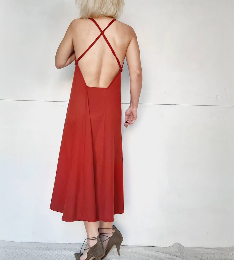 Women's Cupro dress,cross back dress,slip on dress,wine red dress,all day dress,party dress,backless dress,a line dress,grecian chic dress image 8