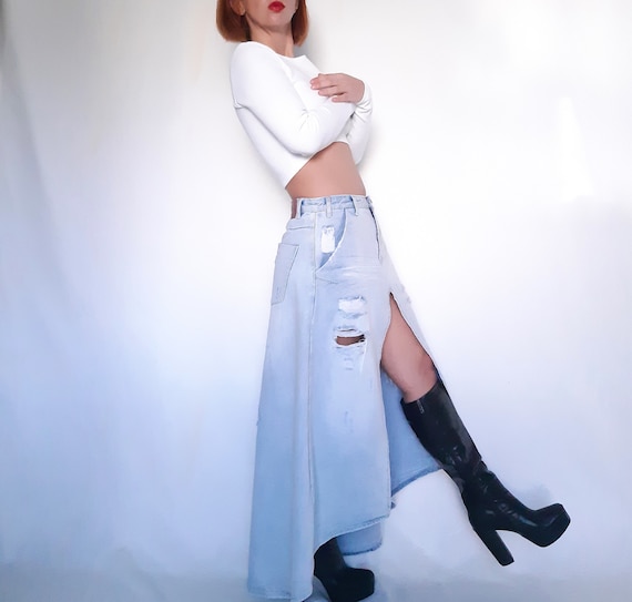 Denim skirt, asymmetric denim skirt, Slit denim sk