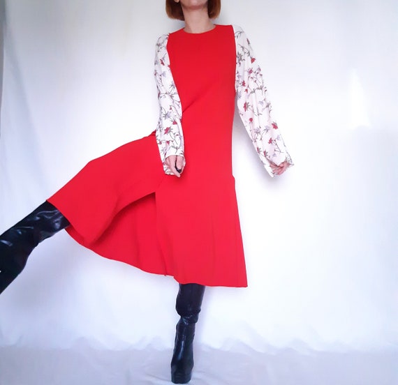 Red midi dress, floral sleeve dress, bell sleeve d