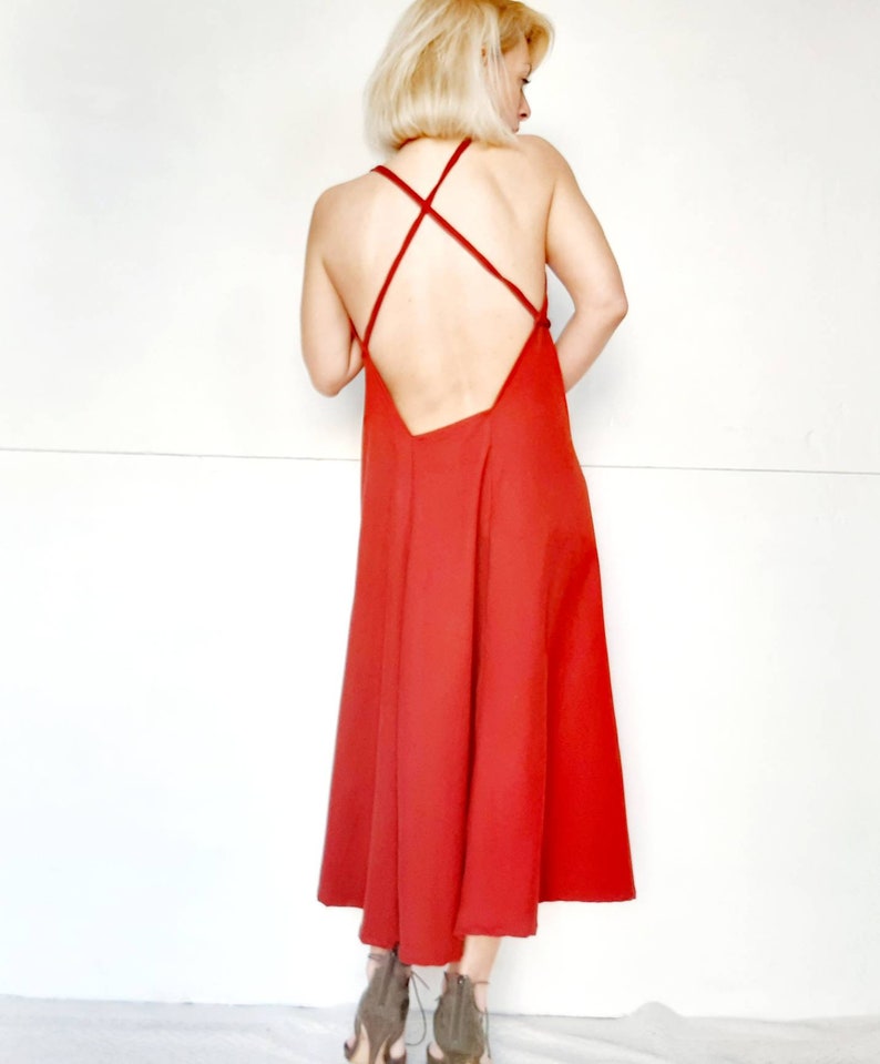 Women's Cupro dress,cross back dress,slip on dress,wine red dress,all day dress,party dress,backless dress,a line dress,grecian chic dress image 9