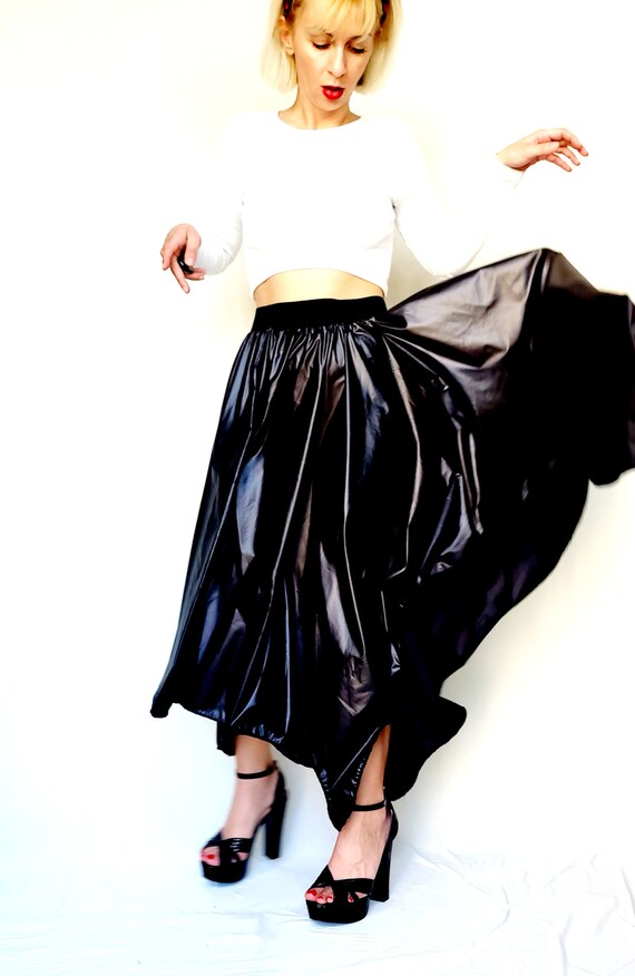 Women s Vinyl Black skirt asymmetric full skirt midi full skirt Black skirt elastic band skirt flowy skirt fall winter skirt flared skirt