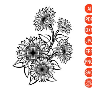 Girasoli in bianco e nero per design SVG, file di taglio girasole per silhouette cricut DXF, pacchetto girasole PNG