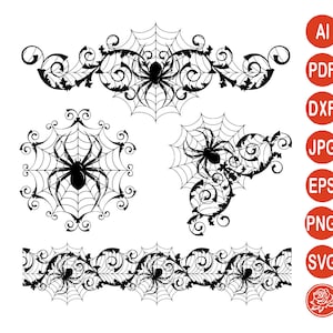 May include: Black and white silhouette of a spider web with a spider in the center. The web is surrounded by ornate floral designs. This design is perfect for Halloween crafts and decorations.