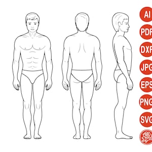 Puede incluir: Una ilustración de arte lineal en blanco y negro que muestra una figura humana desde el frente, la espalda y el lado. La figura lleva calzoncillos. A la derecha, una columna vertical de círculos rojos contiene el texto AI, PDF, DXF, JPG, EPS, PNG, SVG y una rosa.