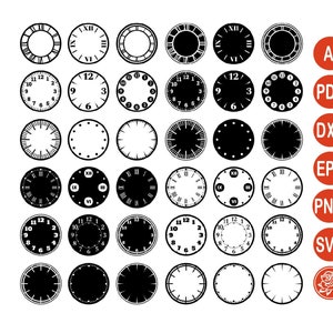 Könnte beinhalten: Eine Sammlung von Zifferblättern in Schwarz und Weiß, die verschiedene Designs mit römischen und arabischen Ziffern zeigen. Das Bild enthält verschiedene Stile von Zifferblättern, einige vollflächig schwarz, andere mit detaillierten Markierungen. Dateityp-Symbole rechts.