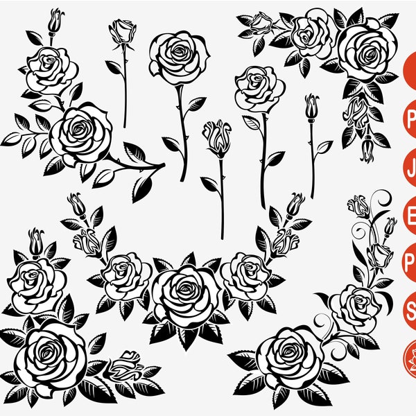 Rosenstrauß Vorlage für SVG Design, Silhouette der Blume PNG, Clipart von Rosen geschnitten, Rosenmuster digitaler Download Dateien, Vektorblumen
