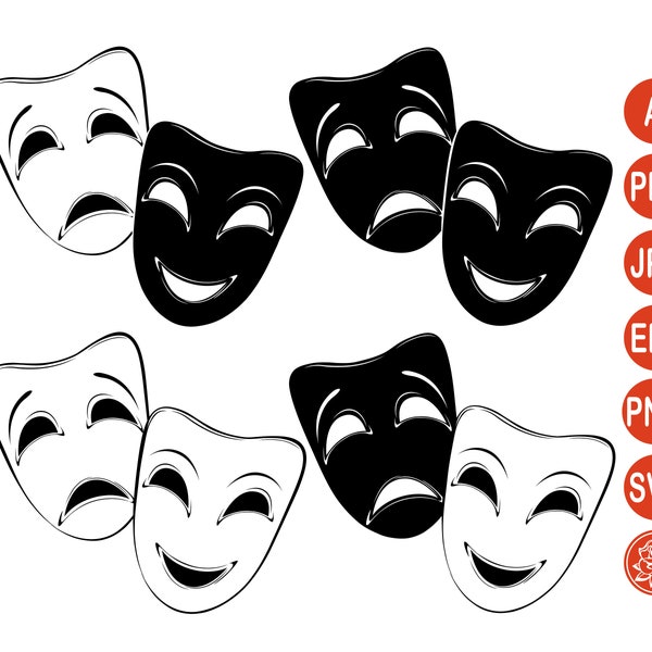 Theatrical mask tragedy and comedy for cutting SVG, Masks Silhouettes png, Theater SVG, Theatrical Mask Cricut Cut Files, Theater Vector Ai