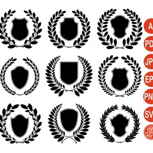 Puede incluir: Colección de nueve escudos negros, cada uno rodeado por una corona de laurel. Los escudos varían ligeramente en forma. A la derecha hay círculos rojos con abreviaturas de tipos de archivo: AI, PDF, JPG, EPS, PNG y SVG.