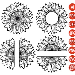 May include: Black and white sunflower designs in various styles. Includes a full sunflower, a sunflower with a blank center, a split sunflower, and a sunflower with a banner. Digital art for crafting projects.