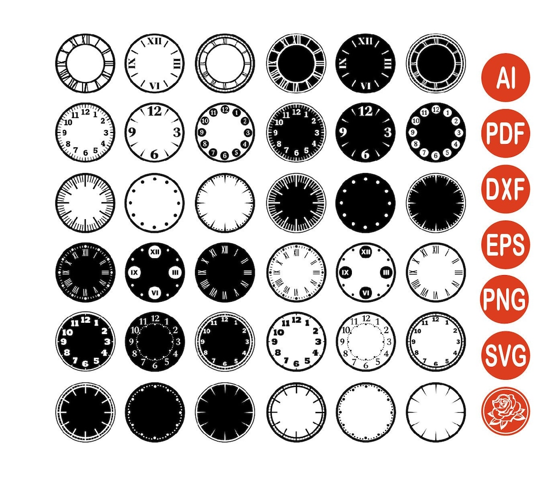 36 Clock Face Clipart SVG, Numbers for Clock Face Cut File DXF, Blank