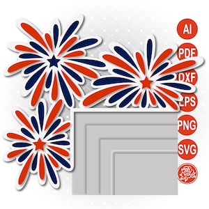 Fuochi d'artificio Patriotic Corner SVG / File da taglio per il 4 luglio / Artigianato di carta a strati Cricut / Decorazioni per il giorno dell'indipendenza / Blu, bianco, rosso