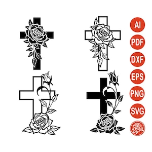 Op de afbeelding: Vier zwart-wit digitale grafische ontwerpen met christelijke kruisen versierd met roosillustraties. De set bevat variaties van gevulde en omlijnde kruisen met florale accenten, vergezeld door een verticale kolom van rode ronde iconen met de labels AI, PDF, DXF, EPS, PNG en SVG.