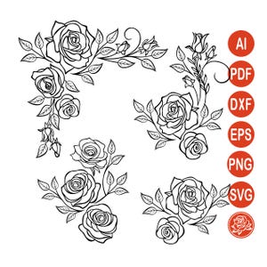 Könnte beinhalten: Schwarz-weiße florale Designelemente mit Rosen und Blättern. Enthält Eckanordnungen und einzelne Rosencluster. Dateiformate: AI, PDF, DXF, EPS, PNG und SVG.