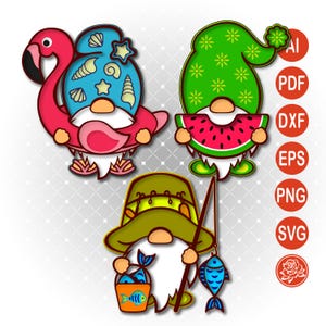 Gnomes amusants d'été SVG | Fichier de coupe de gnome de pêche | Flamant rose nain Cricut SVG | Nain pastèque | Nain de plage téléchargement numérique