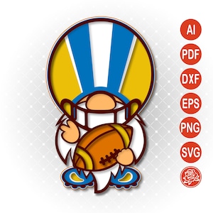Archivo de corte digital SVG de jugador de fútbol americano de gnomo para regalo de fanático de deportes hecho a mano y arte de papel con colores de equipo personalizados para decoración personalizada