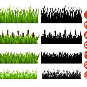 May include: A collection of green grass illustrations, including detailed and silhouette versions. The designs feature various grass types, including blades and cattails, suitable for digital art or design projects. Formats include AI, PDF, JPG, EPS, PNG, and SVG.