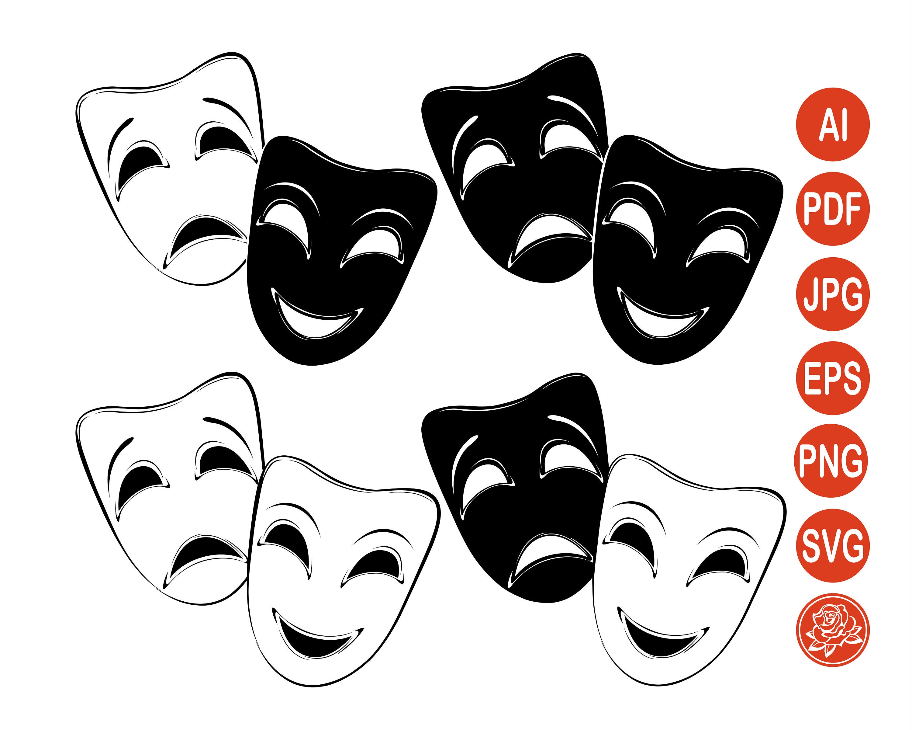 Theatrical Mask Tragedy and Comedy for Cutting SVG, Masks Silhouettes Png,  Theater SVG, Theatrical Mask Cricut Cut Files, Theater Vector Ai 