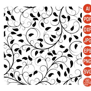 May include: Black and white floral pattern with swirling vines and leaves. The design is a seamless repeat, suitable for various applications. Includes file format icons: AI, PDF, DXF, JPG, EPS, PNG, and SVG.