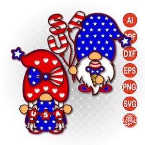 Fichier de découpe en couches bricolage Gnomes patriotiques SVG pour des cadeaux du 4 juillet faits main et des décorations festives pour le jour de l'indépendance des États-Unis