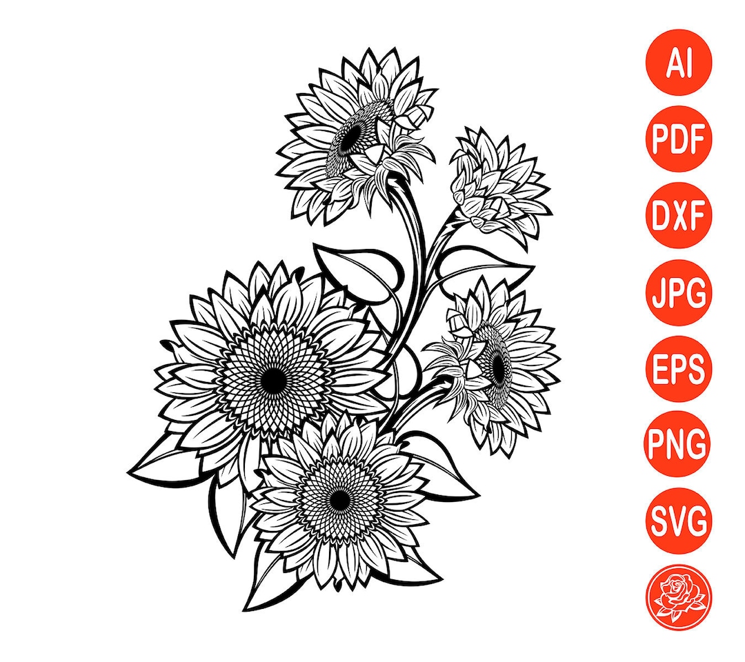 Black and White Sunflowers for Design SVG, Sunflower Cut File for