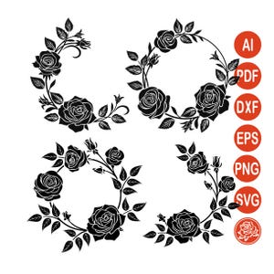 Könnte beinhalten: Schwarze Rosen-Blumendesigns in verschiedenen Formen. Das Bild zeigt vier verschiedene Rosenkranz-Designs sowie Dateityp-Symbole für AI, PDF, DXF, EPS, PNG und SVG.