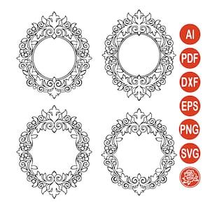 Op de afbeelding: Vier zwart-witte ronde kaders met ingewikkelde bloem- en krulpatronen. Rechts staat een verticale kolom met rode cirkels die de tekst AI, PDF, DXF, EPS, PNG en SVG bevatten, met een roos-icoon onderaan de kolom.