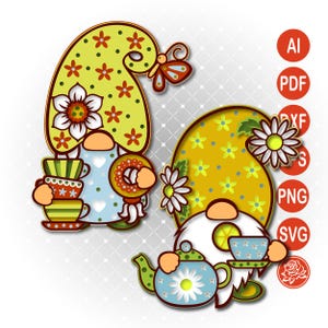 Archivo digital SVG de gnomo de dibujos animados: archivo de corte de taza de té, dona y juego de té para Cricut y manualidades DIY.