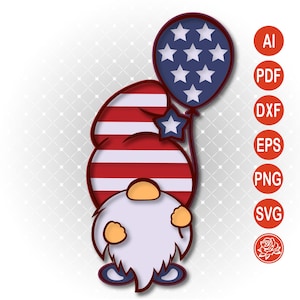 Gnome patriotique SVG | Papier découpé en couches pour cadeaux et décoration DIY