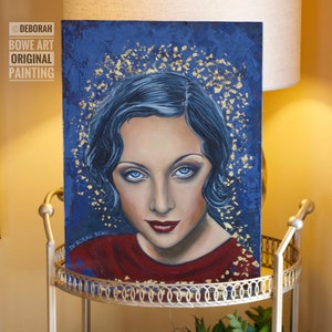 Original Oil Portrait Painting: &quot;Starlet&quot; with Gold Leaf on Wood