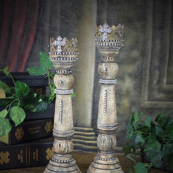 Crown Candle Holder Set, handcrafted Old World Chateau Decor, Antique Patina, One of a Kind Decor, tall candle holders