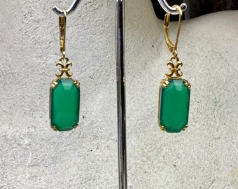 Emerald Cut Green Onyx Dangle Earrings, 18K Vermeil Silver