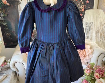 Vintage Victorian Style Girl Dress, Blue Stripes, Purple Velvet Trim (4-5 Years)