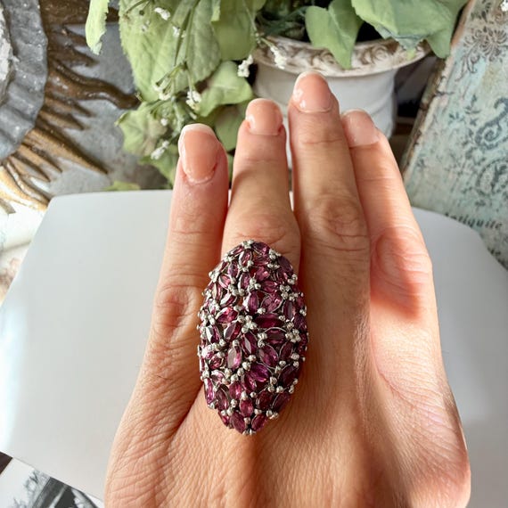 Raspberry Rhodolite Garnet Cluster Ring Rhodium O… - image 3