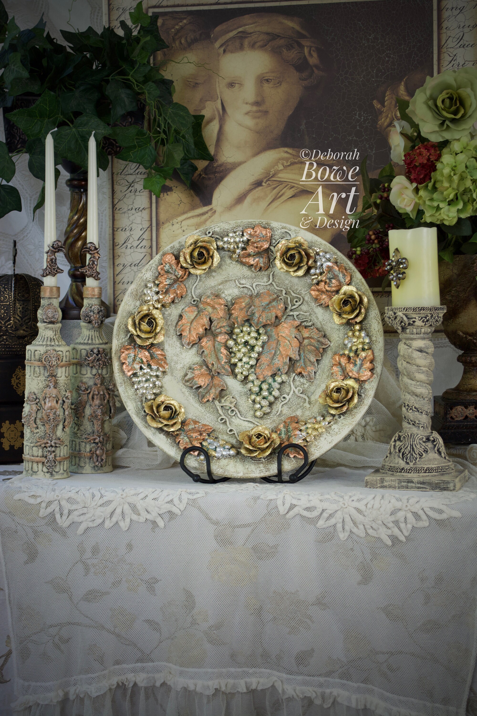 Gilded Pottery Platter: French Country Bas Relief Decor, 17-inch