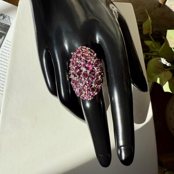 Raspberry Rhodolite Garnet Cluster Ring Rhodium O… - image 2