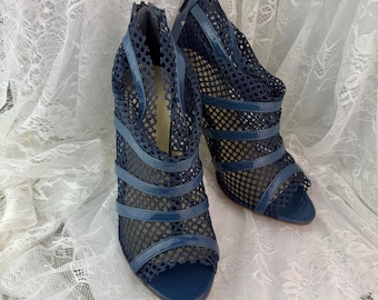 Vintage Italian Designer Ladies Lace Net Booties, Navy Blue, Sz. 9