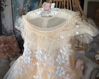 Flower Girl Dress, Peals, Tulle, Lace, Appliques, Ivory tones, 5 years old.