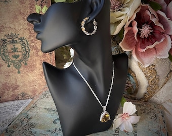 Sterling Silver Citrine Necklace and Hoop Earrings Set, Zircon Accent