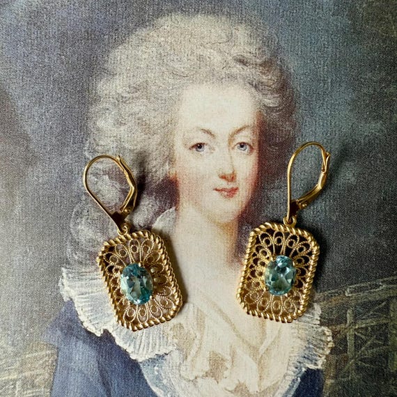 Filigree Blue Topaz Earrings, Lever back, Vermeil Gold Vermeil 925 Sterling Silver