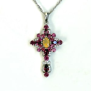 Rhodolite Garnet Cross Pendant, Ethiopian Opal, Zircon, Sterling