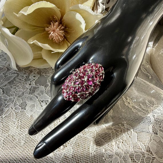 Raspberry Rhodolite Garnet Cluster Ring Rhodium O… - image 1