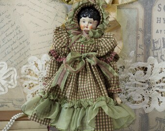 Antique China Head Doll Handmade Gown and Bonnet with doll stand 19"