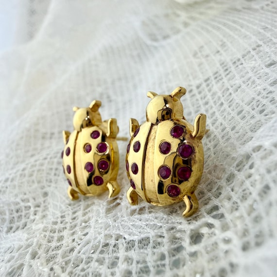 Rarities Ruby Ladybug Stud Earrings, 18K Gold ove… - image 9