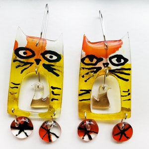 Cat earrings, acrylic and sterling silver earrings, cat and bird, colorful, fun, dangling, weightless image 1